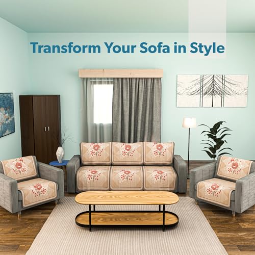 Image of Kuber Industries Net Cotton Sofa Covers 5 Seater | Sofa Protector Cover for Living Room | Sofa Cloth Cover for Home Decor & Office | Soft Sofa Slipcovers | Paradise 1137 - Brown