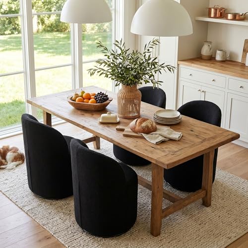 Image of HNY Upholstered Swivel Dining Chairs Set of 6, Mid Century Modern Kitchen Round Sherpa Boucle Dining Room Chairs, Barrel Comfy Armless Accent Makeup Vanity Side Chairs for Living Room, Black