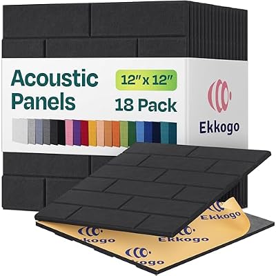 Ekkogo Acoustic Wall Panels 18-Pack, 12"x12"x0.4" Decorative Self-Adhesive Sound Proofing | High Density 3D Brick Soundproof Absorbing Tiles for Walls, Home, Office & Studio - Dark Gray