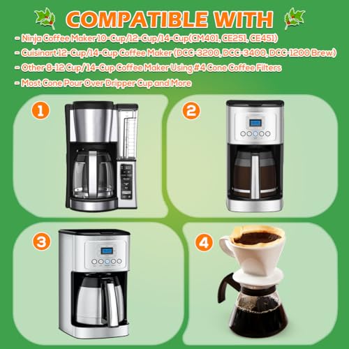 Image of BYKITCHEN 400PCS #4 Cone Coffee Filters Fits 8-12 Cup & 14 Cup Coffee Makers, Size 4 Unbleached Disposable Coffee Filter Paper, Compatible with Ninja, Cuisinart 12-Cup / 14-Cup & Drip Coffee Machine