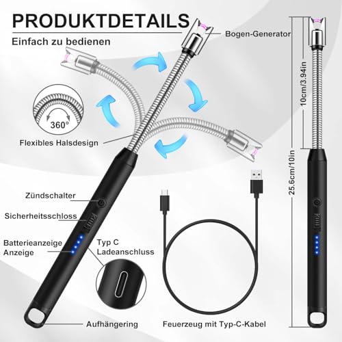 LcFun Stabfeuerzeug, Lichtbogen Feuerzeug Elektrisch, Elektrisches Feuerzeug Lang Winddicht USB Feuerzeuge für Küche Camping Feuerwerk (Schwarz)