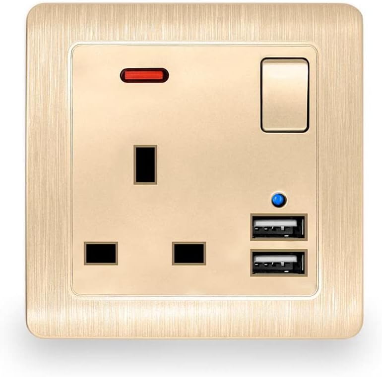British Standard 13Ausb Socket Switch Control Indicator Light Bedside Mobile Phone Charging Gold Square Double Usb Power Outlet Gold 110-250V