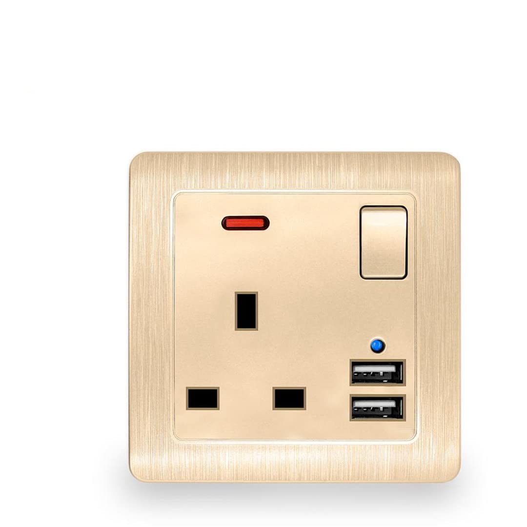 British Standard 13Ausb Socket Switch Control Indicator Light Bedside Mobile Phone Charging Gold Square Double Usb Power Outlet Gold 110-250V