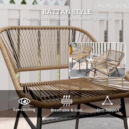 Outsunny 3-Piece Rattan PE and Steel Garden Set, Set of 2 Chairs with Cushions and Cylinder Coffee Table with Glass Top, Balcony Furniture Set, for Patio and Courtyard, Wooden Colour – Image 5
