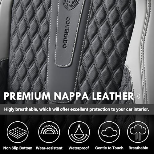 Image of Coverado Car Seat Covers Full Set, Nappa Leather Seat Covers, Waterproof Car Seat Protector with Lumbar Support, Automotive Seat Covers Universal Fit for Most Cars SUV Trucks (Black-Gray)