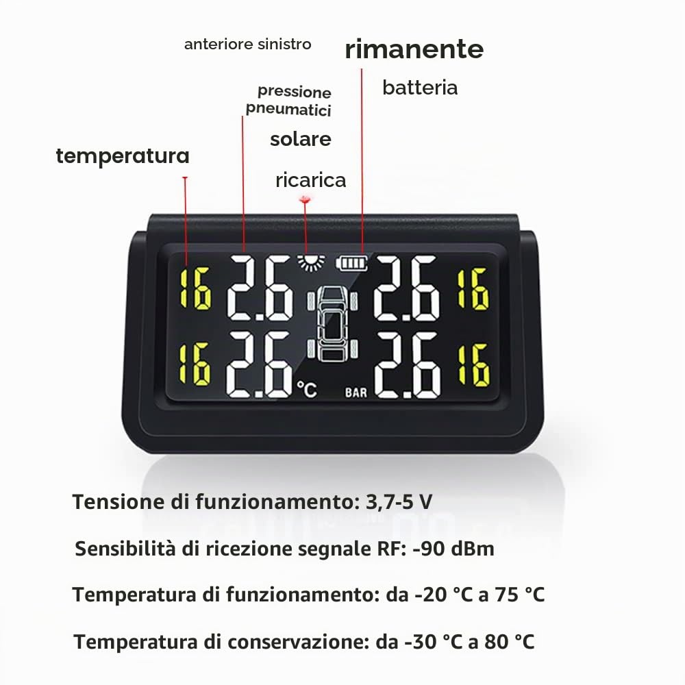 Sistema di monitoraggio della pressione dei pneumatici di Baceyong; schermo LCD con 4 sensori esterni; TPMS solare impermeabile e senza fili