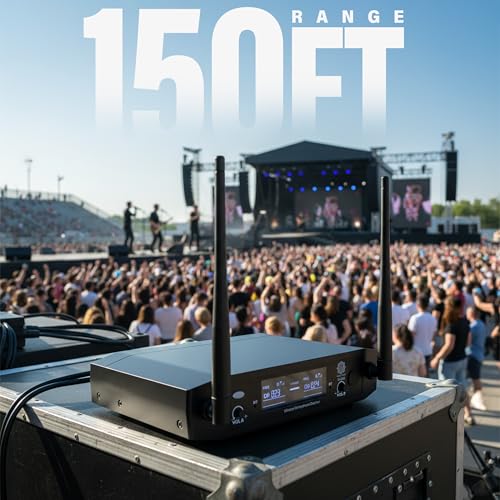 Image of DIGIMORE Wireless Microphone System | Dual Headset Lapel Mics | 150Ft Range | Cardioid Pickup | Balanced XLR Outs & UnBal 6.35mm Out | Cordless Mic for Singing, Karaoke, Church, DJ (D-317)