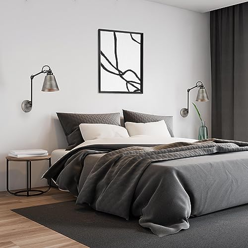 Image of LALUZ Swing Arm Wall Sconce Set of 2, Modern Farmhouse Sconce Wall Lighting Vintage Adjustable Wall Mounted Lights with Black Silver Finish
