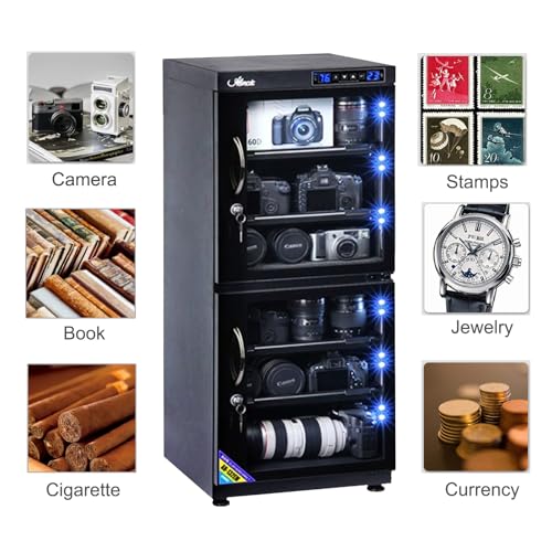 Camera Dry Cabinet 65L Digital Control Deumidificatore per la memorizzazione di apparecchiature elettroniche, silenzioso, controllo della temperatura e dell'umidità con doppio schermo LED