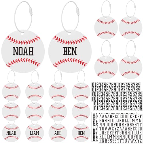 Huquary 18 Pcs Baseball Softball Luggage Tags with 4 Sheets Letter Stickers Personalized Travel Tags for Suitcases Team Gifts(White Baseball)