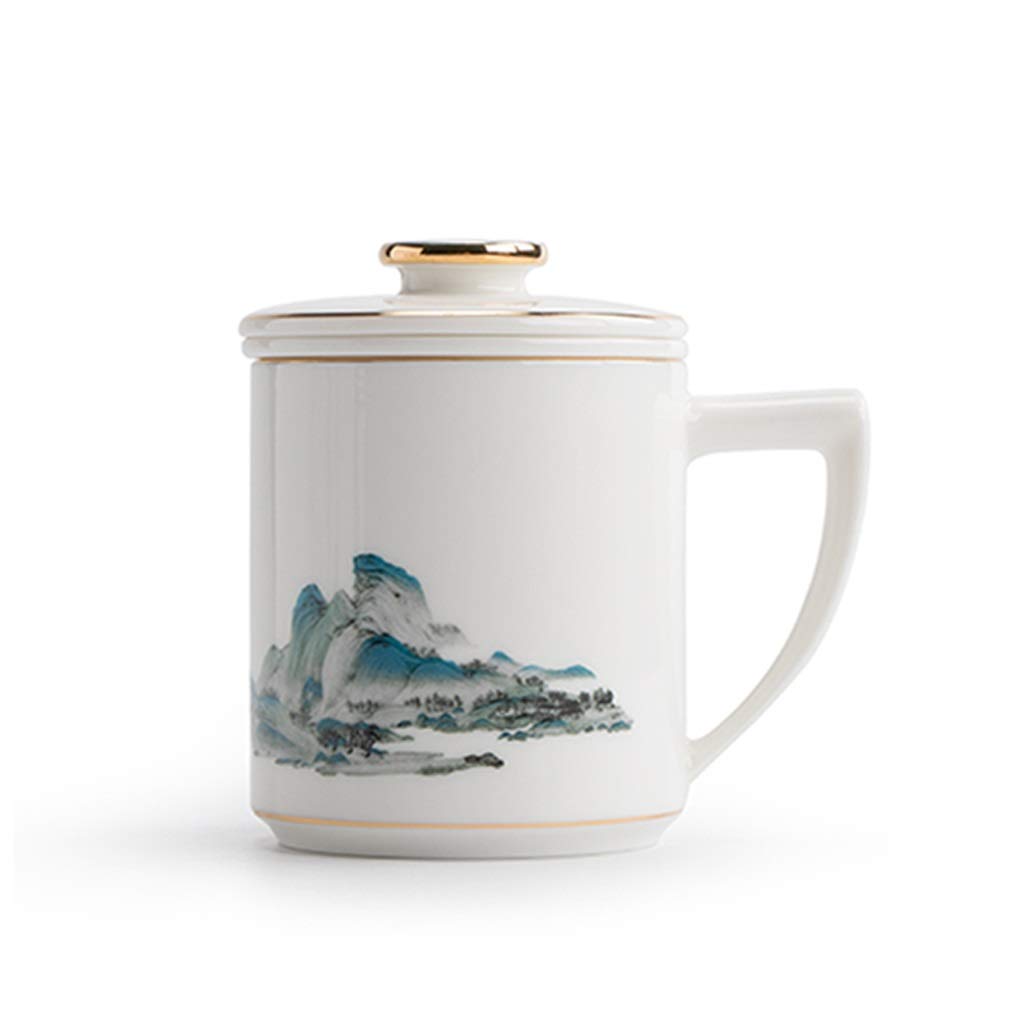 Kaffee-Becher Keramikbecher exquisit Überglasierte gebratene Blumenkapazität Becher mit Deckel Kaffeetasse Großkapazität Tragbare Teetasse 360ml (Color : White)