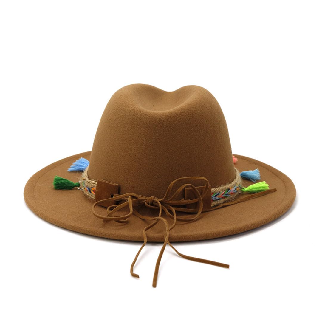 Wvapzxx Kobiety mężczyźni wełniany filcowy kapelusz fedora płaski szeroki daszek kapelusz kościelny kolorowa czapka z frędzlami