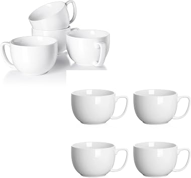 Teocera White 24oz Soup Bowls with Handles set of 4 and 16oz Jumbo Mugs set of 4