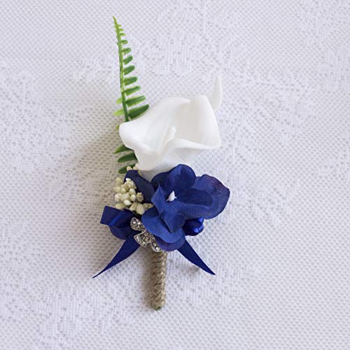Abbie Home White Calla Lily and Rose Cascading Bride Bouquet Waterfall Wedding Flower - Lily Rhinestone Jewelry Brooches and Satin Ribbon Décor (Royal Blue Boutonniere)