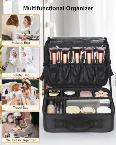 Image of Relavel Makeup Bag Large Cosmetic Bag Travel Train Case Toiletry Bag for Women with Adjustable Dividers, Travel Essentials Organizer Case Storage Box for Skincare, Brushes, Black