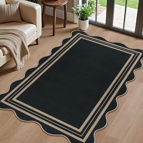 LORWER Scalloped Easy Jute 3x5 Outdoor Rug, Washable Rugs for Entryway Black Front Door Mat, Farmhouse Neutral Non Slip Indoor Carpet for Patio Living Room Backyard