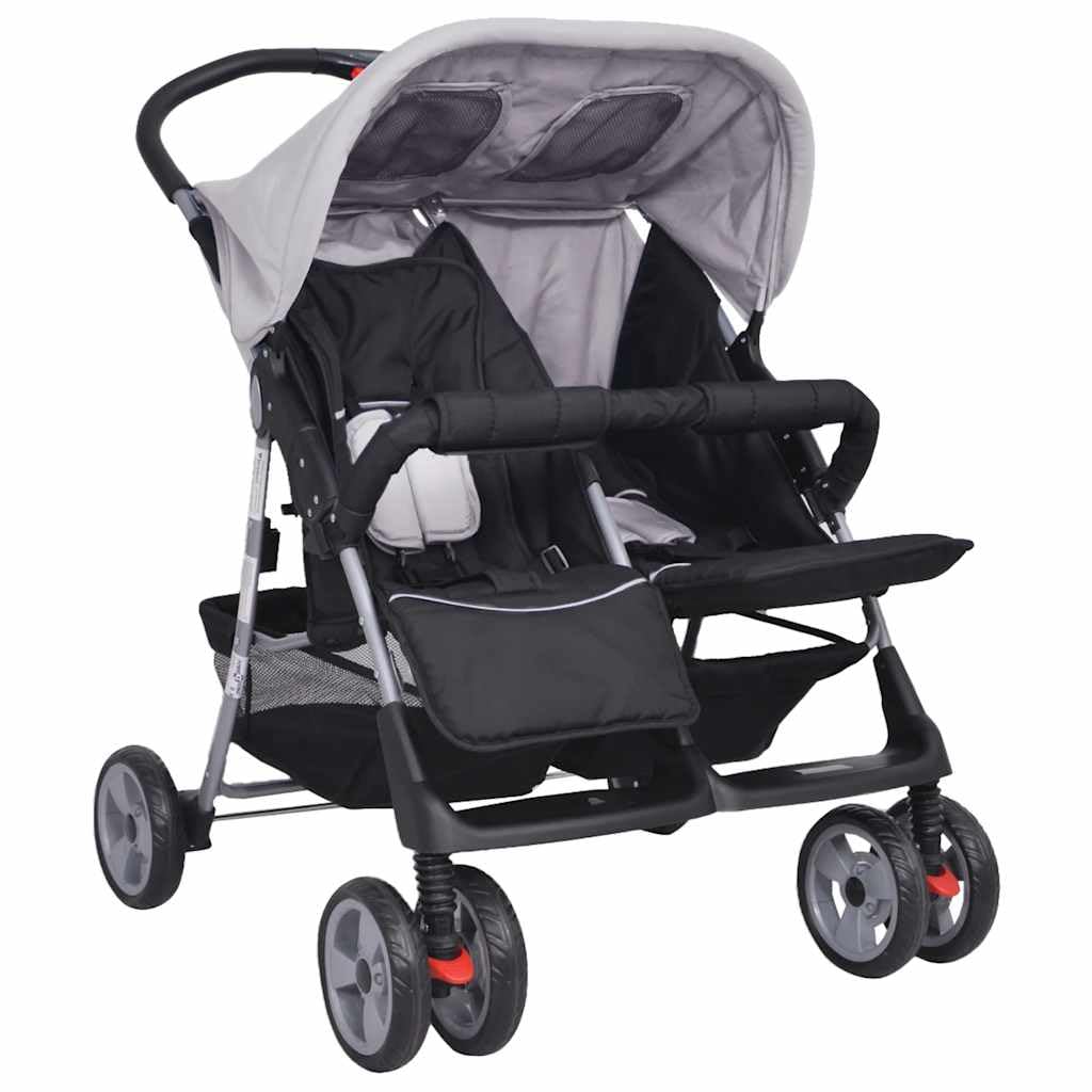 Poussette double pour enfant - Design pliable - Jusqu'à 30 kg (2 x 15 kg) - Pour jumeaux et frères de 0 mois - Poussette bébé enfant - Poussette de voyage - Acier gris et noir