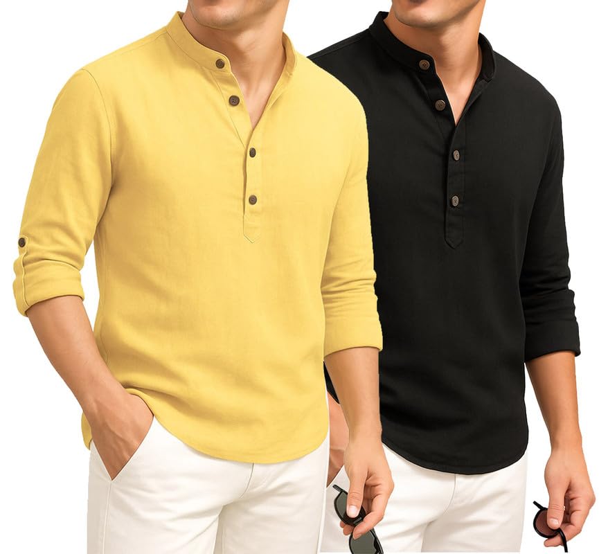 Image of DEELMO Combo of Men's Cotton Blend Solid Regular Fit Full Sleeve Short Kurta | Men's Trendy Short Kurta Pack of 2