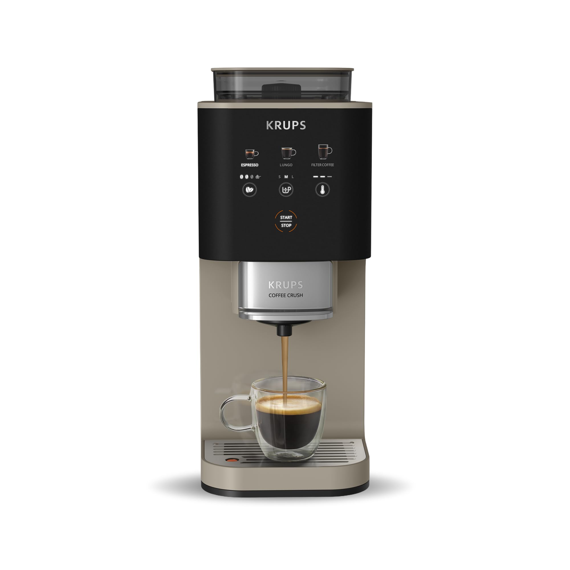 KRUPS Coffee Crush, Cafetera automática, Café en Grano y Molido, 15 Bares, 3 recetas de café, 3 niveles de temperatura y de molienda, Pantalla táctil, Compacta 15 cm de ancho, Beige, SA402AE0