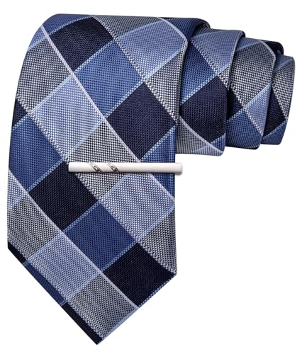 Image of Barry.Wang Plaid Ties Mens Silk Necktie and Tie Clip Checkered Tie for Wedding Party Business Formal