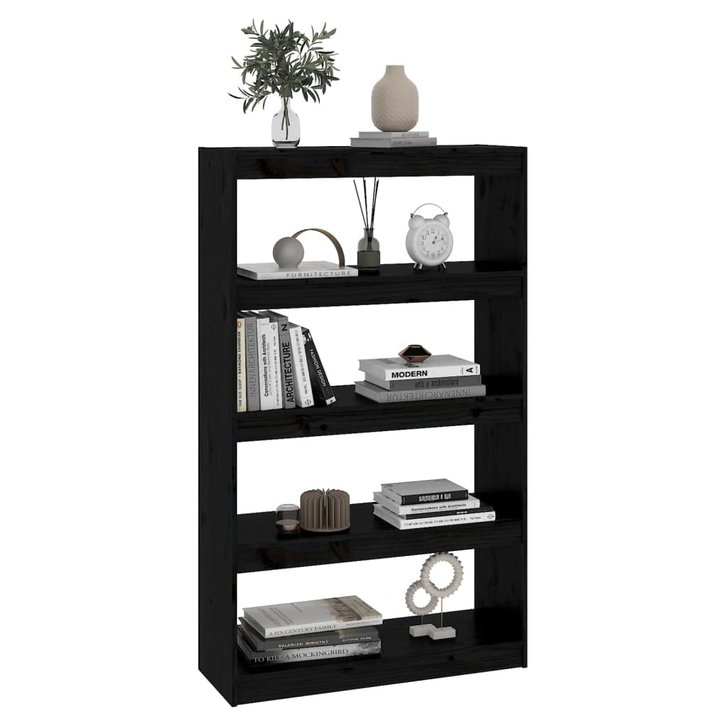Bücherregal aus massivem Kiefernholz, Schwarz, 80x30x135,5 cm, 4 geräumige Fächer, Raumteiler für Bücher, Zeitschriften und Dekoration, pflegeleicht mit feuchtem Tuch