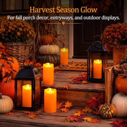 Image of Homemory Halloween Orange Waterproof LED Candles, Remote Timer, Set of 2 | Flameless candles, D3 x H6 in, plastic shell, indoor outdoor fall decor, porch, patio, pathway, lantern and pumpkin displays