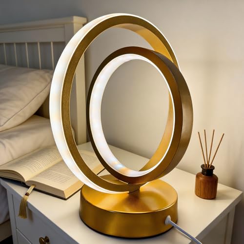 Image of Fespcj Gold Nested Double Ring Table Lamp USB Powered 3 Color Dimmable Eye-Protection Desk Lamp Decor Light for Art Exhibition Office Living Room Bedside Cabinet