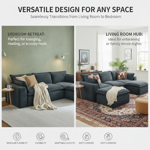 Image of 110 inch Modular Sectional Sofa with Ottoman - Double-Layer Memory Foam Cloud Couch, Oversized Corduroy Boneless Sofa Set, Deep Seat L Shaped Couch for Living Room