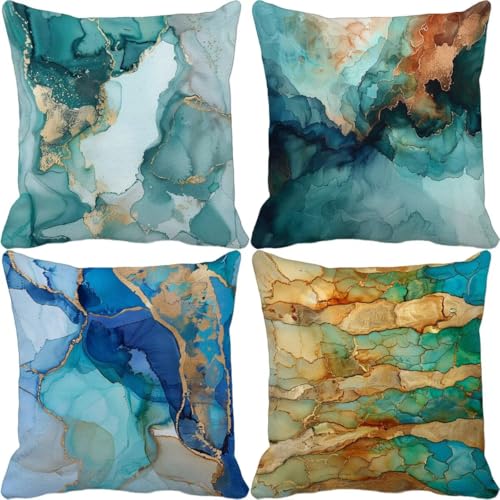Housse coussin extérieur imperméable 40x40 lot de 4 turquoise aspect lin carré T-R