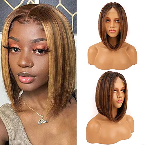 Short Highlights Bob Wig Blonde Bob Wig Middle Part Straight Wigs for Black Women ombre Brown Synthetic Bob Wigs for Daily Use Hair Wig