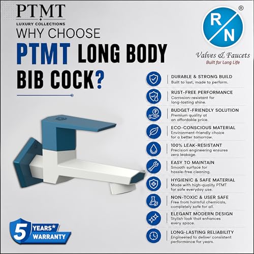 Image of RN PTMT Long Body Bib Cock for Bathroom | 15mm Long Body Foam Flow Water Tap with Flange | Luxury G20 Collection Faucet | High-Grade Engineering Polymer Tap (White Marine Blue Dual, Pack of 2)