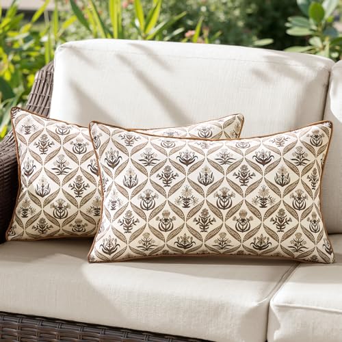 ANRODUO Floral Outdoor Pillow Covers 12x20 Waterproof Set of 2 Lumbar Block Print Decorative Cushion Cases with Refined Edge Piping for Summer Patio Porch Garden Couch Sofa Bench Decor Brown