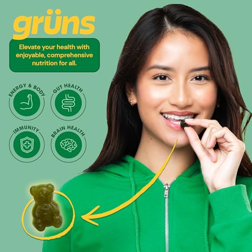 Image of Gruns Adult Sugar-Free Super Greens Gummies - Superfood Gummy Bears with Spirulina, Chlorella, Fiber & Prebiotics for Digestive Health, Adaptogen Supplement with 20 Vitamins & Minerals, 2 Week Supply
