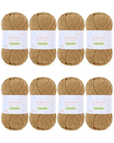 Image of Coopay Chenille Yarn for Crocheting, 8 Pack Medium Weight Yarn - CYC #4 - Total 520yd, Soft Crochet Yarns for Plush Toys, Blankets, Scarves (Brown)