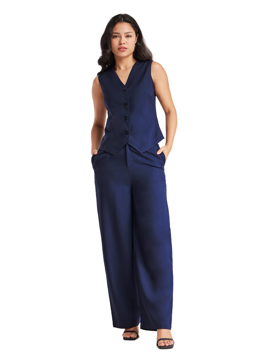 fablestreet Women Formal Co-Ord Set | V-Neck Sleeveless Waistcoat & Wide-Leg Trousers | Solid Fuchsia Pink | Button Closure | Smooth Woven Fabric | Business Casual & Workwear-picture-44