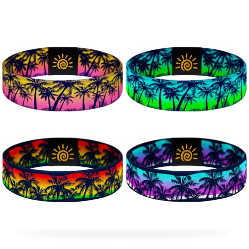 CHEMUSE 4 Pcs Surfer Beach Bracelets for Men Women Inspirational Elastic Comfy Summer Reversible Wristband Gifts-Sunset Coconut Trees Friendship Bracelets