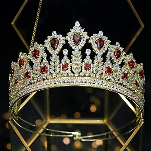 GLJTUO Hair Jewelry Crown Tiaras For Women Saudi Arabia Round Hair Jewelry Accessories,Gold-red