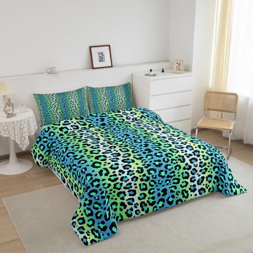 Image of Feelyou Leopard Bedding Set Blue Green Cheetah Print Comforter Safari Comforter Set for Kids Boys Girls Animal Fur Print Duvet Set Kids Room Decor with 2 Pillow Case