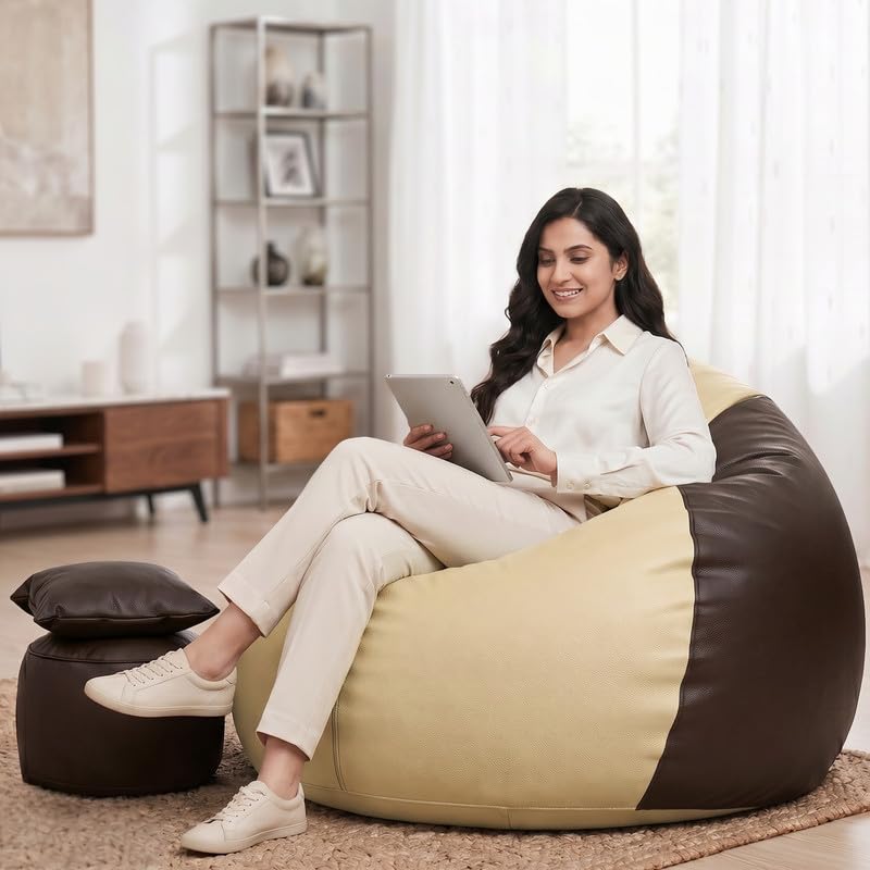 Image of Biggie Bean Bag 4XL Bean Bag Chair with Beans Filled - The Classics Bean Bag Sofa - Combo Set-Styled for Elegance with Free Cushion & Footrest (Matching Color : Xurex Cream-Brown)