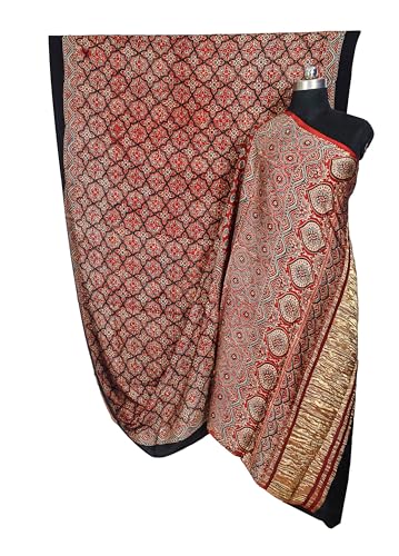 Image of Ethnics of Kutch Womens Ajrakh Modal Silk Natural Dye Golden Border Hand Block Print Saree with Blouse Piece - 5.5 Mtr Length (Red 05C01A)