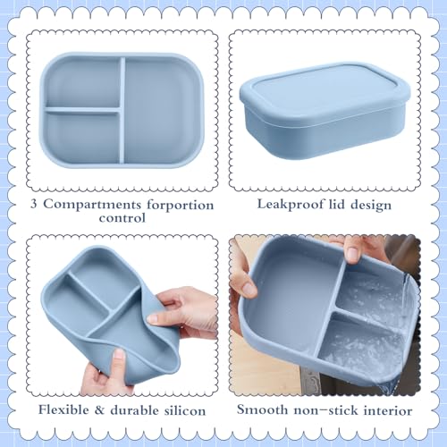 Image of Honeydak 4 Pcs Silicone Bento Box, 3 Compartment Lunch Food Container for Women Men, Leak Proof Microwave Easy to Clean Dishwasher Freezer Safe (Grey,Blue,Khaki,Orange)