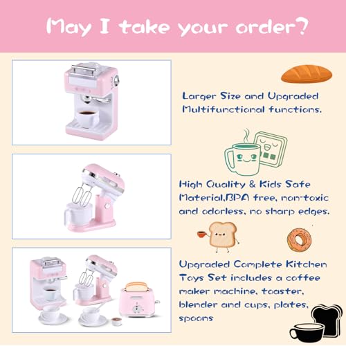 Ehome Play Kitchen Toys Kids Kitchen Accessories Pretend Play Kitchen Appliances Toy Set with Coffee Maker, Mixer, Toaster for Kids Toddler Kitchen Playset Ages 4 5 6 7 8 Girls - Thumbnail 7