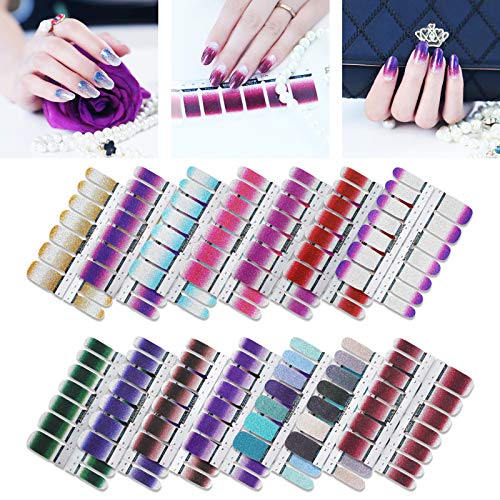 14 Sheets Gel Nail Strips - Glitter Solid Color Nail Polish Strips Stickers Gradient Adhesive Shine False Nails Art Decal Design Manicure Set for Women Girls