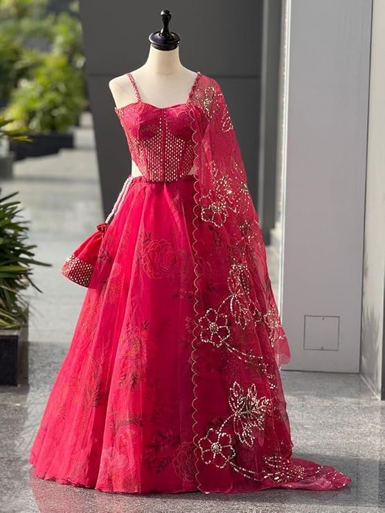 Image of MARUTI FASHION HOUSE Readymade Lehenga Choli Indo-Western Set For Womens & Girls Heavy Pure Organza digital printed 8mtr flair lehenga with canvas patta can can and with dori Chaniya Choli Wedding