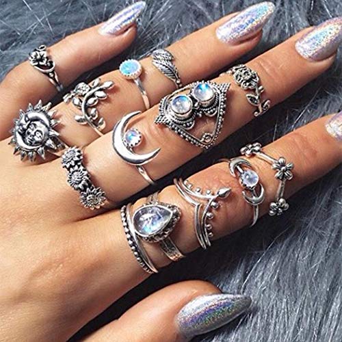Yean Boho Ring Set Silver Statement Rings Crystal Joint Knuckle Ring Set Moon Sun Stacking Rings for Women and Girls (Pack of 14)