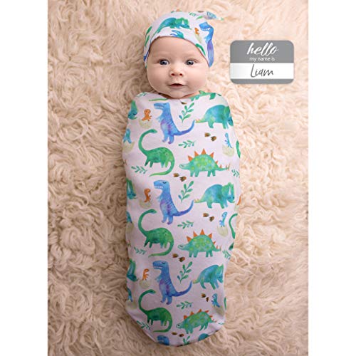Image of Itzy Ritzy Cocoon & Hat Swaddle Set - Swaddle for Newborns Includes Name Announcement Card & Jersey Knit Cocoon & Hat Set, Perfect for Newborn Photography - for 0 to 3 Months (Dinosaur)