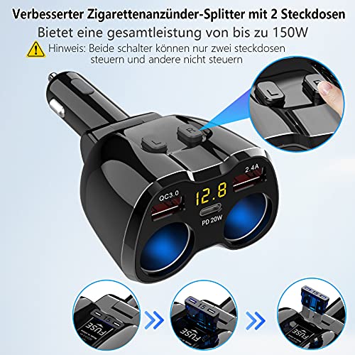 Zigarettenanzünder Verteiler Qidoe PD 3.0 mit USB-C Anschluss