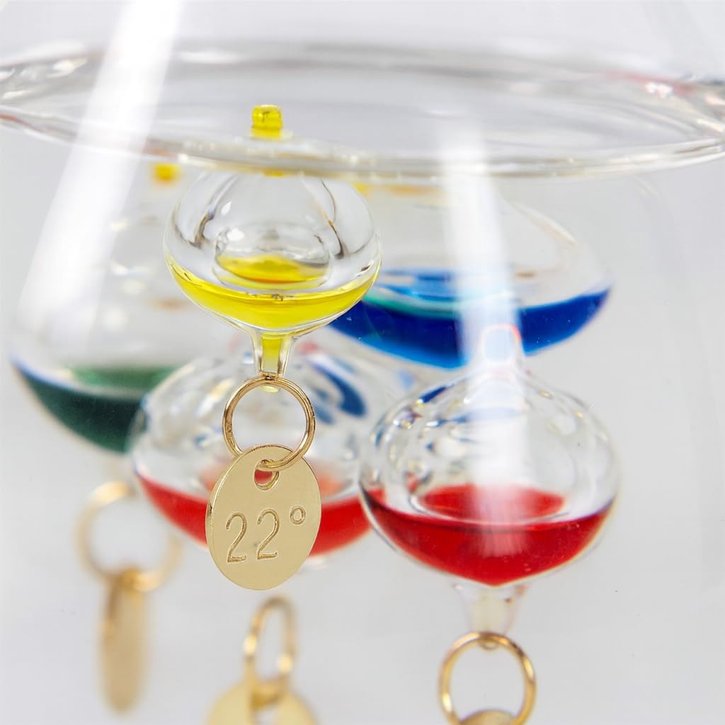 Galileo Thermometer Großer Glastropfen 16 cm, für drinnen oder draußen, analog, schwimmende farbige Kugeln