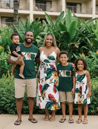 Image of PATPAT Family Matching Outfits Mommy and Me Dresses Hawaiian Tropical Vacation Beach Spaghetti Strap Dress and Shirt