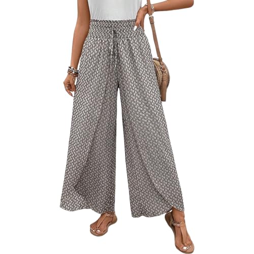 Womens Summer Casual Wide Leg Capris Lounge Pants Casual Floral Drawstring Elastic High Waist Slit Palazzo Pants Trousers